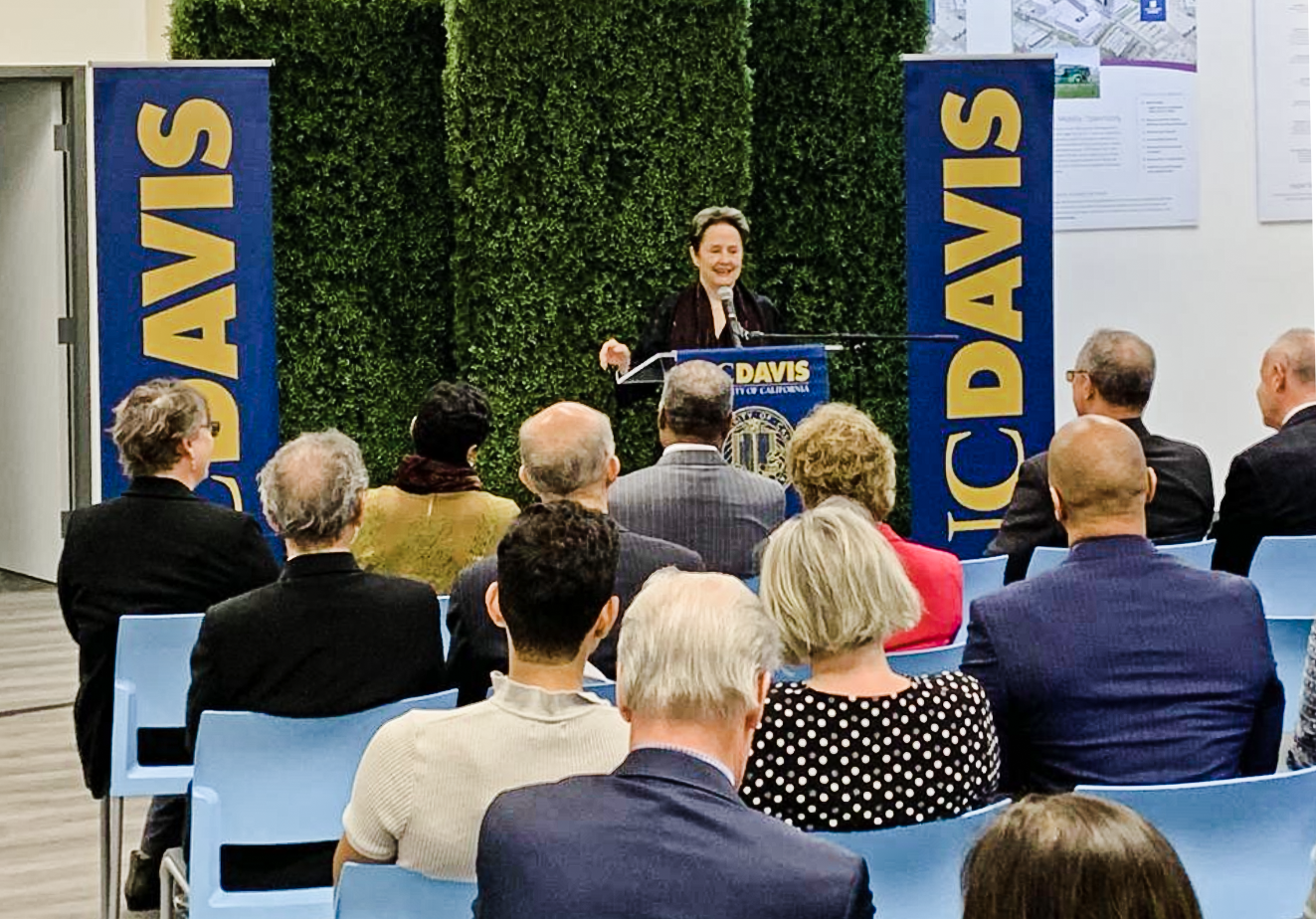 alice waters talking at an aggie square event