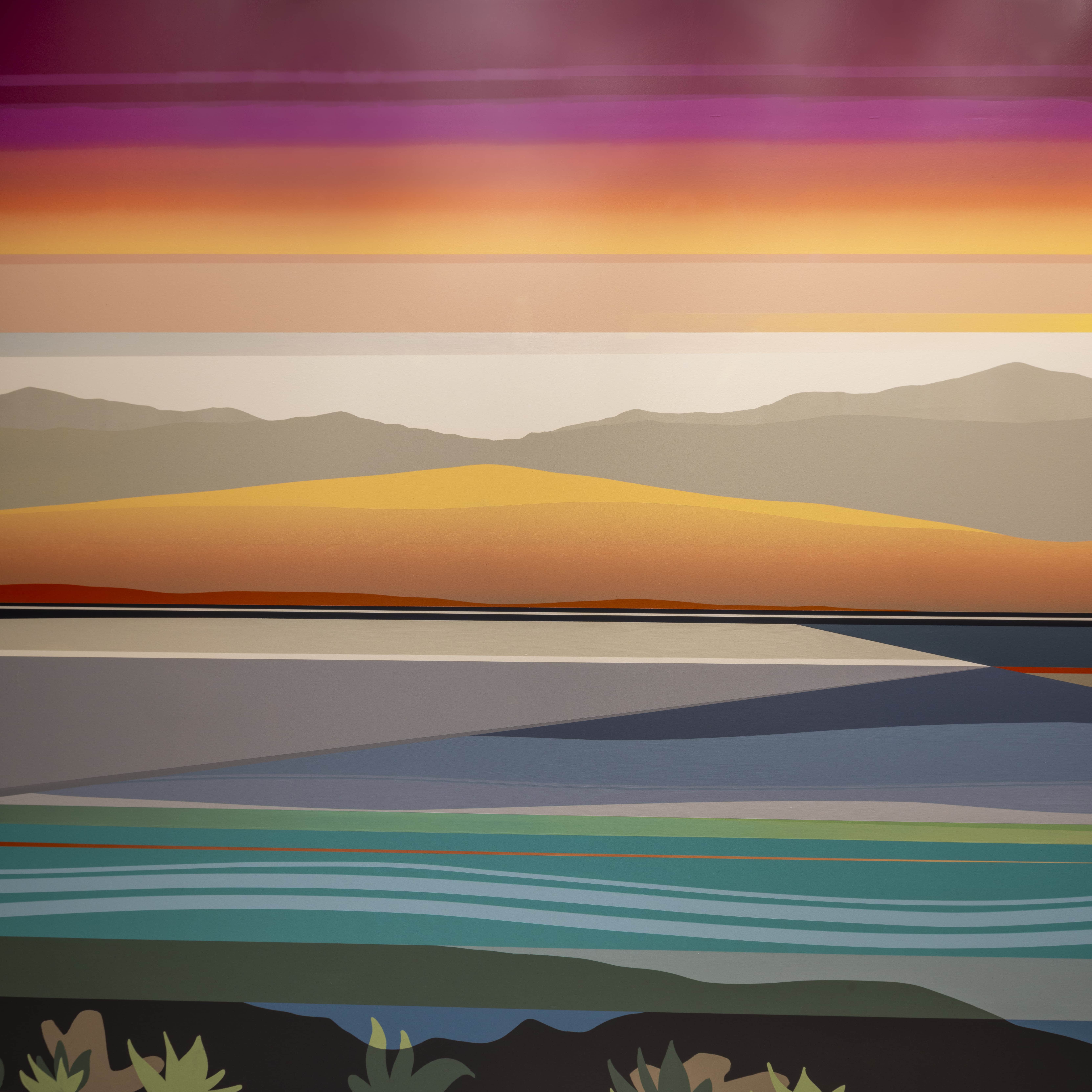 Abstract art mural of a horizon