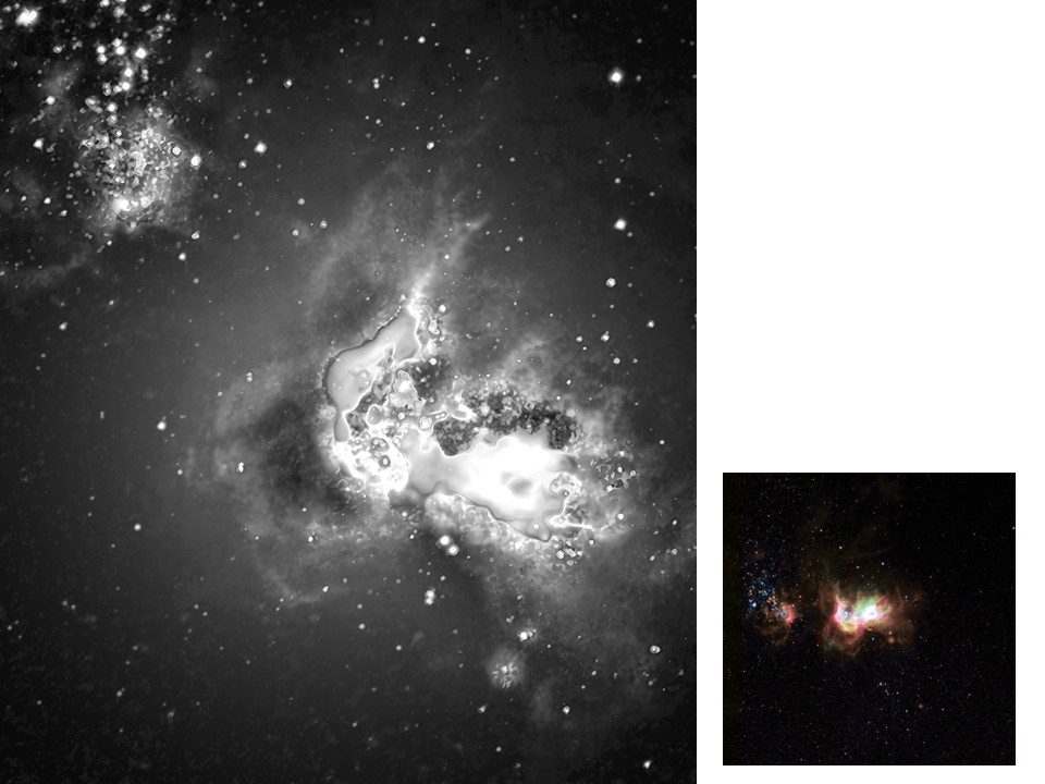 Drawf galaxy graphic, one photo in black and white and the same photo, smaller and in color