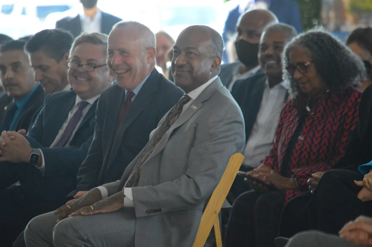 Chancellor Gary May and Mayor Darrell Steinberg sit at the Aggie Square groundbreaking ceremony