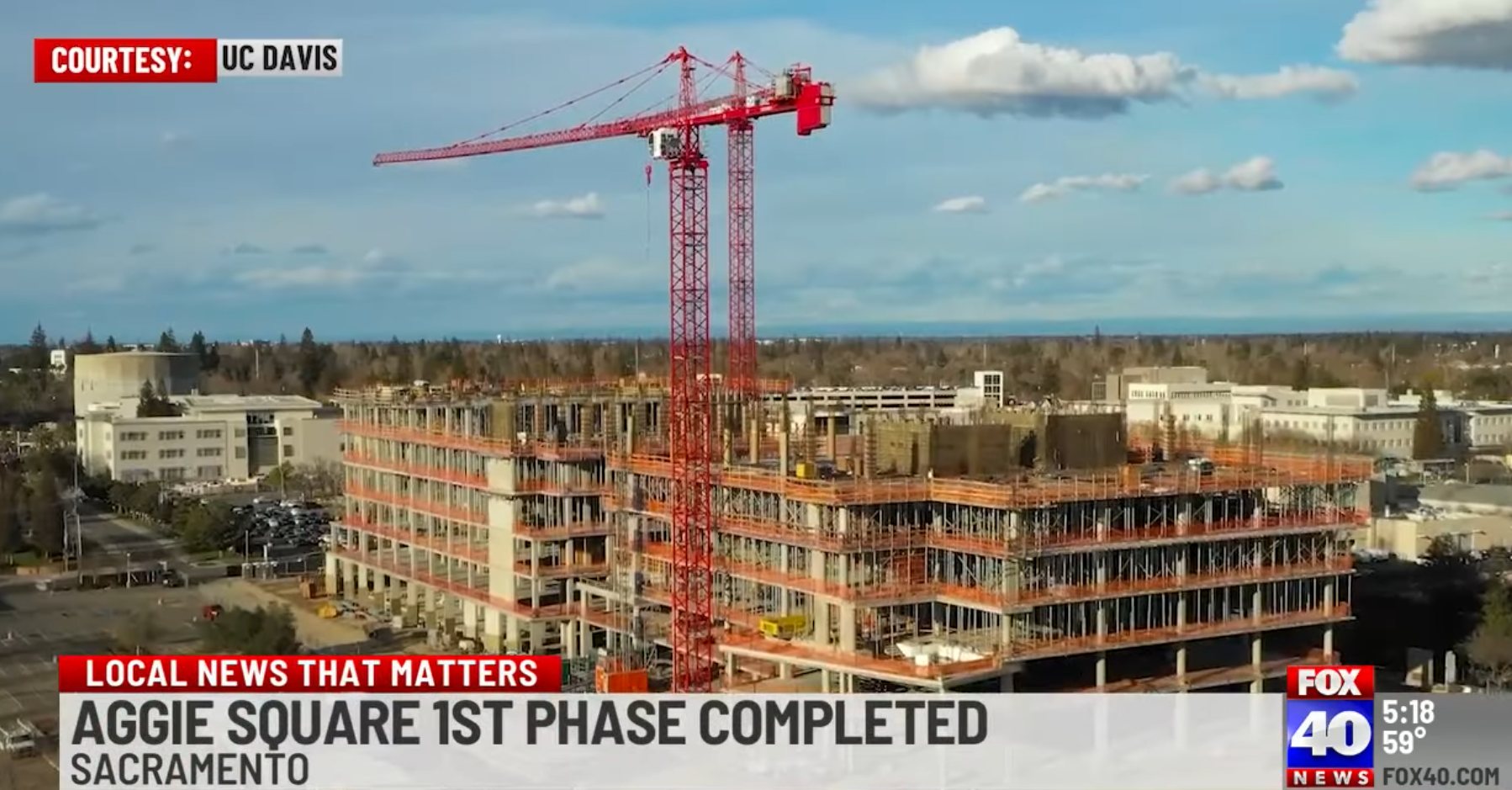 Screenshot from a Fox40 News video aerial view of Aggie Square construction