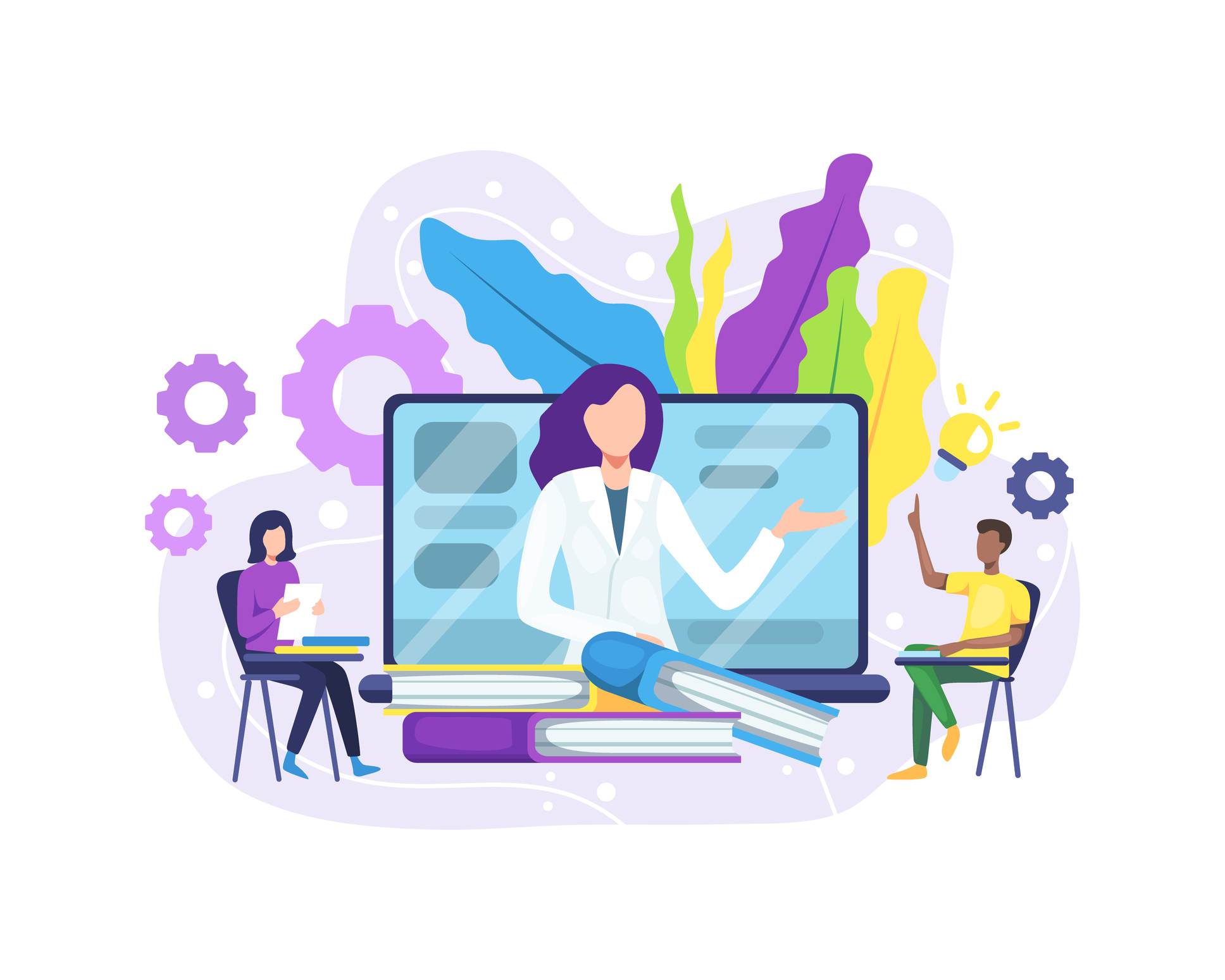 Graphic of person teaching, students learning