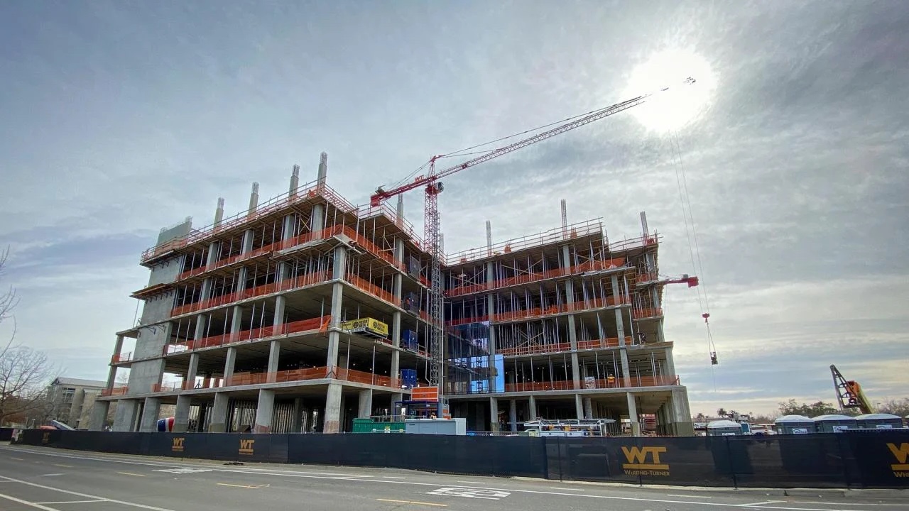 Structural framing of an Aggie Square building