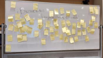 A white board full of sticky notes with writing on them