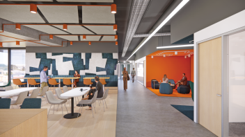 Render of an open social space and cafe with tables and chairs