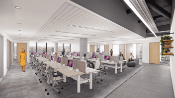 Render of an open office space with tables and computers