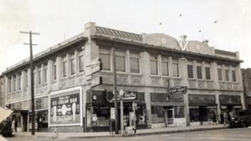 Black and white photo of a building