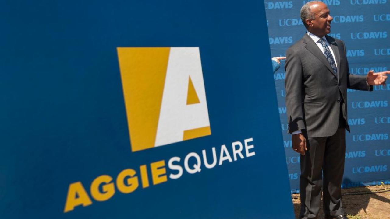 Chancellor Gary S. May at the Aggie Square announcement in April 2018. Chancellor Gary S. May at the Aggie Square announcement in April 2018.