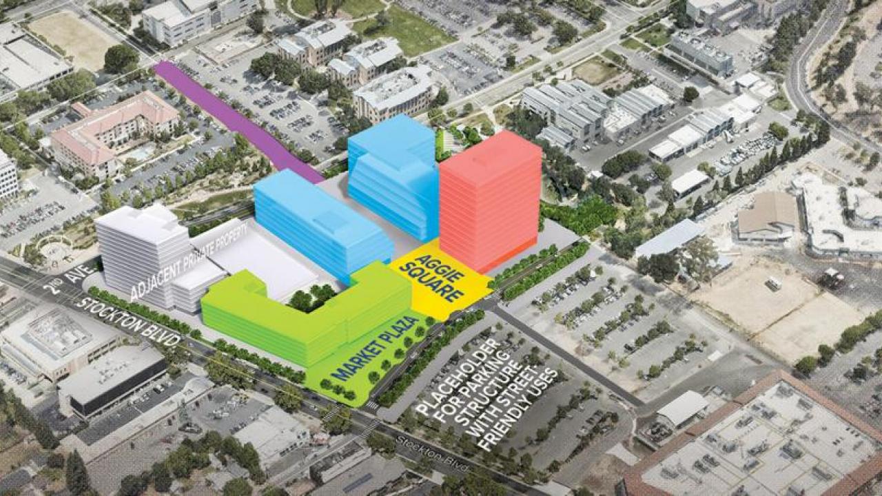 Rendering of Aggie Square UC Davis. Rendering of Aggie Square UC Davis at the Sacramento Campus.