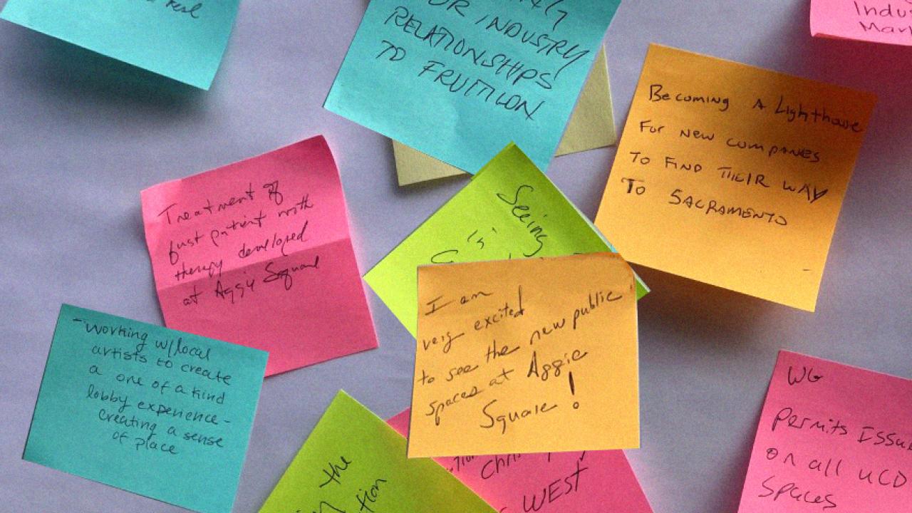 Post-It notes on a board share messages that are in the story