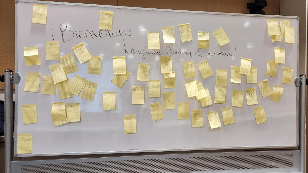 A white board full of sticky notes with writing on them