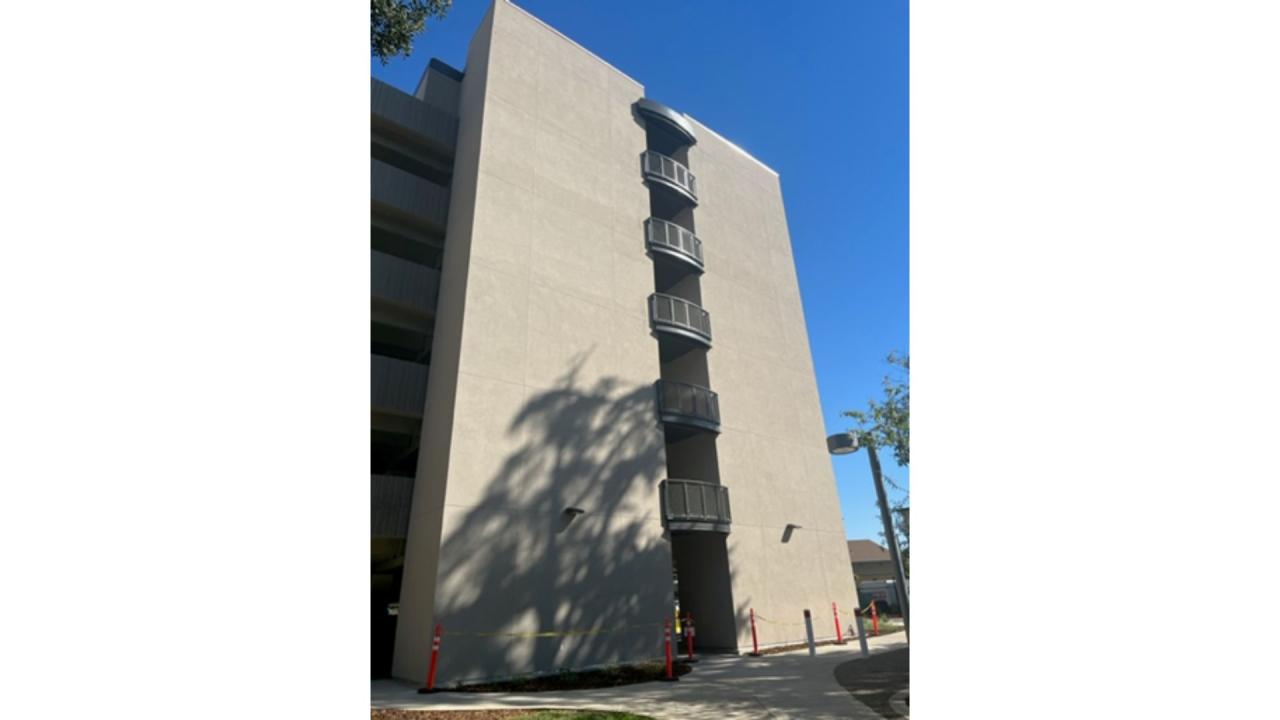 The side wall of a parking garage