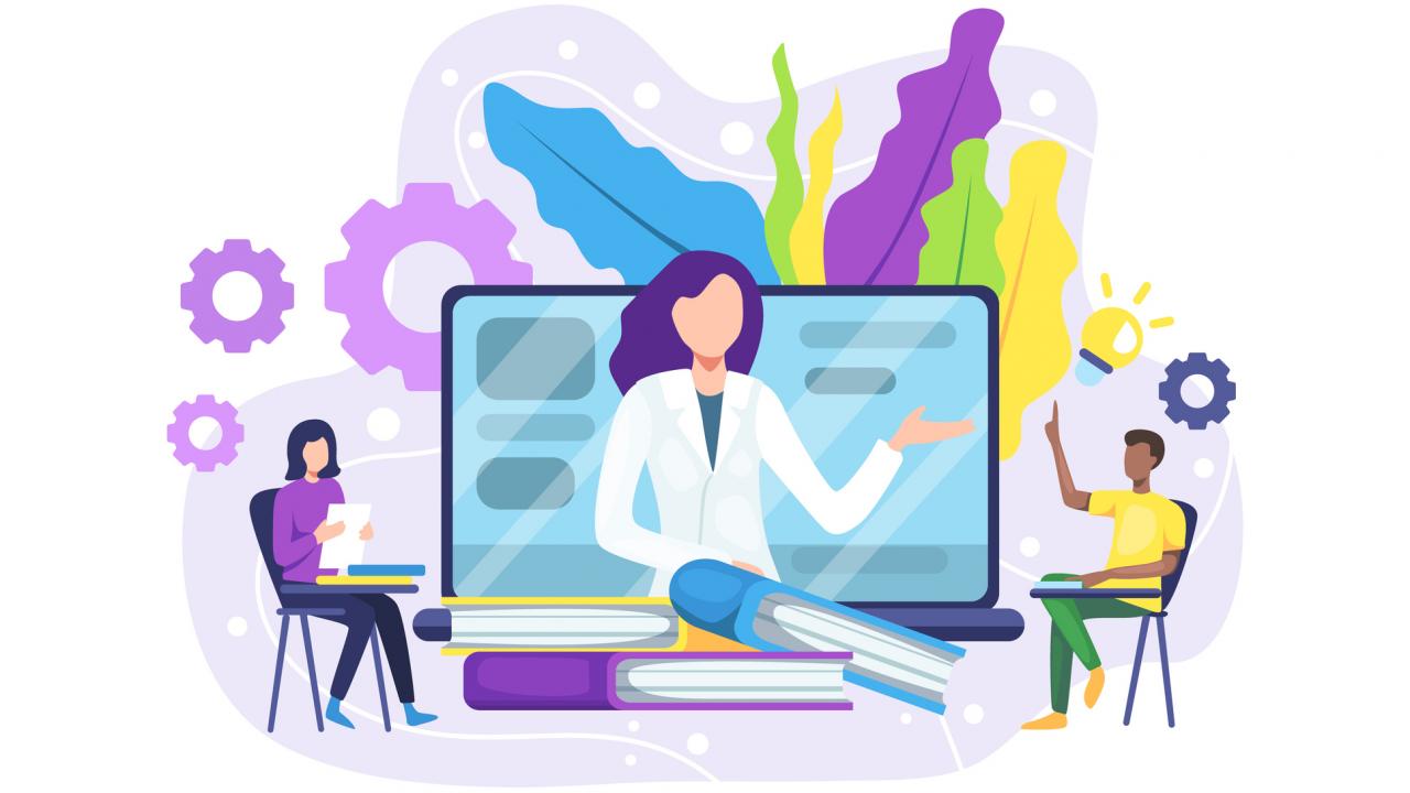 Graphic of person teaching, students learning