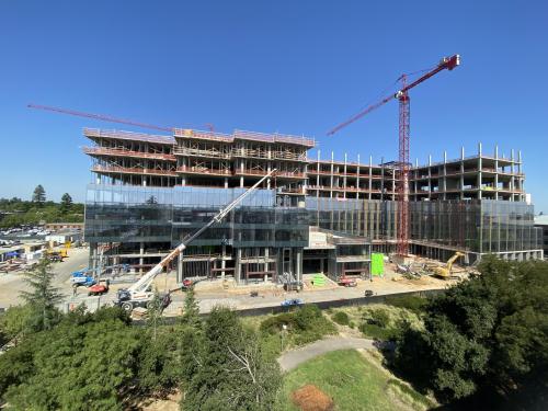 Color image of the partial construction of the Life-long Learning Center at Aggie Square.