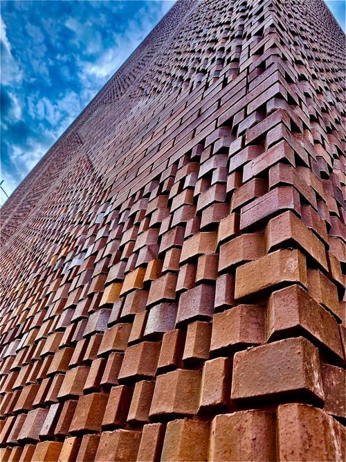 A close-up of a brick building