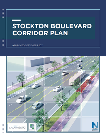 Image of the cover of the Stockton Boulevard Corridor Plan including a rendering of improved transportation routes.