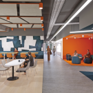 A render of a cafe space with lots of seating and people mingling