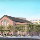 Rendering of Aggie Square's "Building on the Square" with blue sky on background.