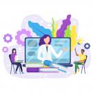 Graphic of person teaching, students learning