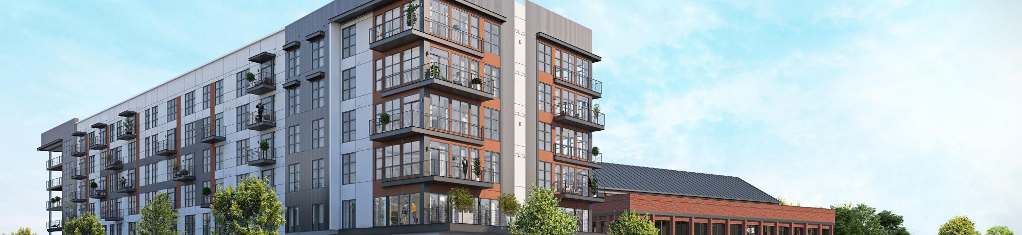 Rendering of an exterior shot of the ANOVA Aggie Square Apartment complex, a six-story building featuring balconies and lots of windows.