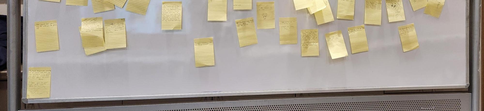 A white board full of sticky notes with writing on them
