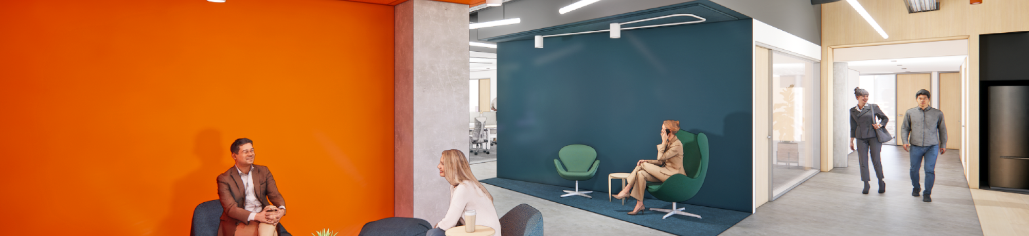 Rendering of an open office space with two people talking at a table and one person walking in through the door